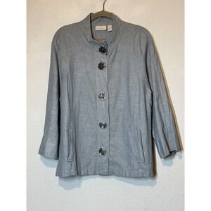 Chicos 3 Womens‎ XL 16 Top Jacket Blue Silver Shimmer Linen Blend Button Artsy